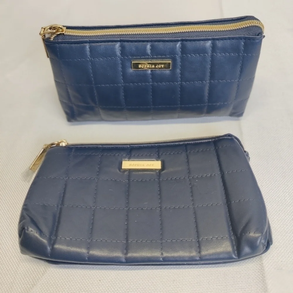Two New Sophia Joy Makeup Bags Soft Quilted Navy Blue Faux Leather Zippers 4x7